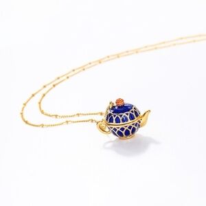 Goldtone Blue Teapot Pendant Necklace